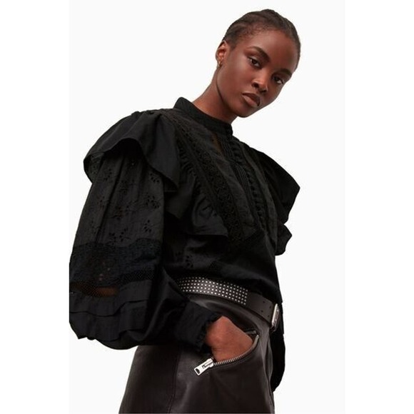 AllSaints Black Prim Broderie Eyelet Ruffled Bubble Sleeves Top Size 4 - Picture 3 of 15